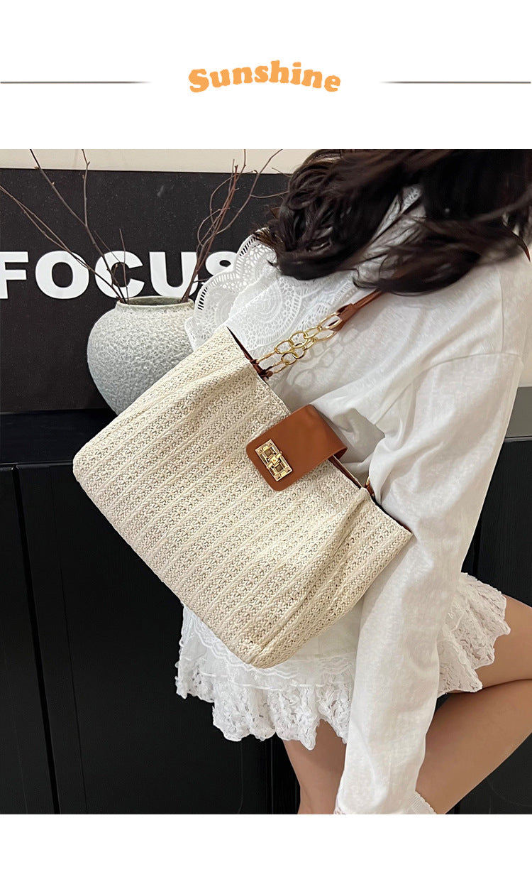 2025Women's Spring New Small Chanel Style Bag for Work Commute Versatile Straw Woven Large Capacity Wide Shoulder Strap Women's Single Shoulder Bag