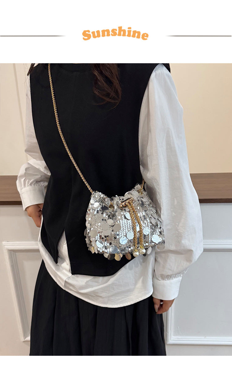Trendy and High-End Sequin Bucket Bag2025Summer New Fashion Versatile Stylish French Chain Single Shoulder Crossbody