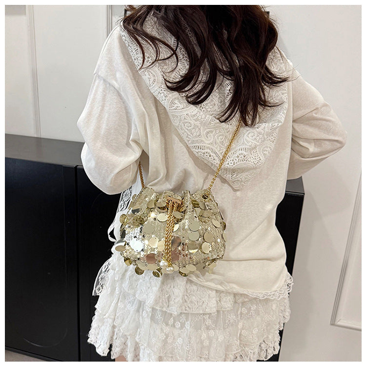Trendy and High-End Sequin Bucket Bag2025Summer New Fashion Versatile Stylish French Chain Single Shoulder Crossbody