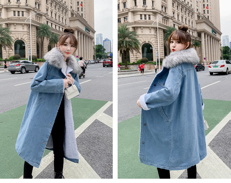 2022Winter New Mid-Length Large Fur Collar Fleece-Lined Lamb Wool Denim Jacket for Women Loose Casual Cotton Coat