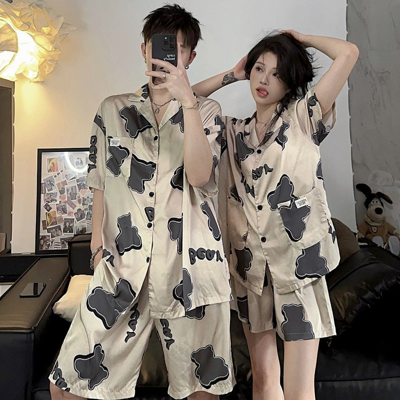 Wholesale Thin Couple Pajamas for Women Spring Autumn Summer Ice Silk Homewear Summer Men's Hot Short Sleeve Shorts Set