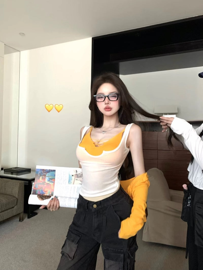 Spicy Girl Two-Piece Set Semi-Sheer Tencel Tank Top Slim Fit Sexy Pure Desire Cross Strap Bustier