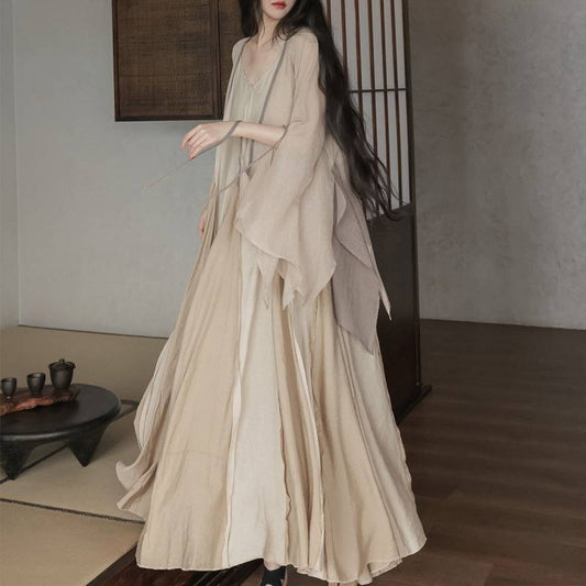 2025Spring New Heavy Craft Large Hem Strap Dress New Chinese Style Retro National Style Artistic Patchwork Long Dress