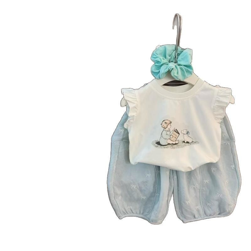 Sweet Little Girl Summer New Cute Lace Cartoon Vest and Jogger Anti-Mosquito Pants Two-Piece Set Trendy