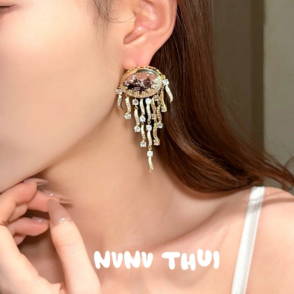 Sparkling Paphos Cloud Pattern Jellyfish Tassel Gemstone Earrings The Joy of a Rich Woman Egg-shaped Princess Pink Earrings