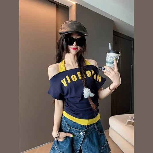 Fashionable Design Letter Print Off-Shoulder Halter Neck Short Sleeve T Women's T-shirt2025Summer New Slimming Short Top