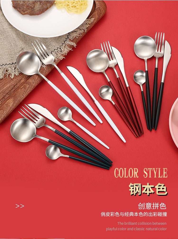 Cross-Border304Stainless Steel Portuguese Cutlery Set Knife Fork Spoon Round Handle Thick Western Cutlery Nordic Hotel Steak Knife