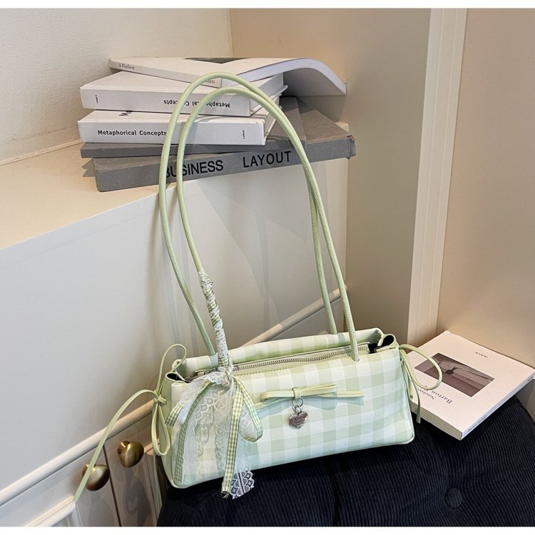 Dopamine Plaid Handbag Small Tote Bag for Women Summer2025New Ballet Style Bow Baguette Bag Underarm Bag Trendy