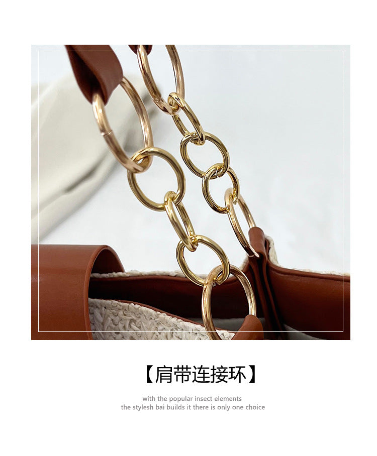 2025Women's Spring New Small Chanel Style Bag for Work Commute Versatile Straw Woven Large Capacity Wide Shoulder Strap Women's Single Shoulder Bag