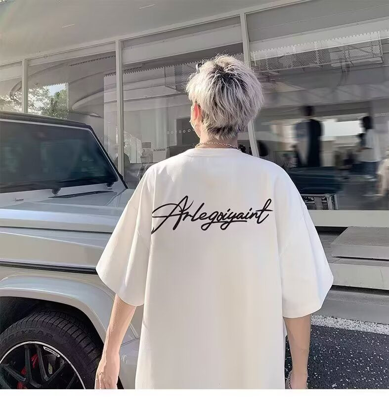 Heavyweight American High Street Letter Print Summer t T-shirt2025Trendy Versatile Men's Casual Cotton Loose Short Sleeve Shirt