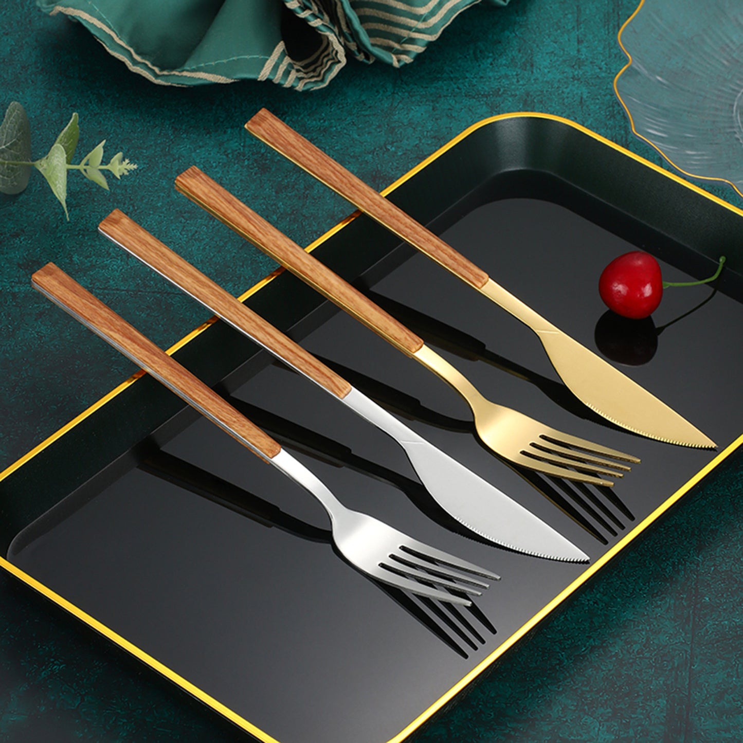 Stainless Steel Clip Handle Tableware Japanese and Korean ins Imitation Wood Grain Handle Steak Knife Fork Spoon Set Wooden Handle Dessert Spoon