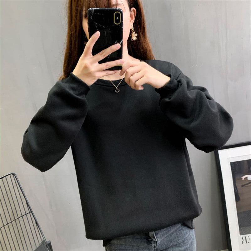 Plain Solid Color Round Neck Student Sweatshirt Fleece Lined Thick Loose Long Sleeve Top Blank Version Jacket Unisex Couple Outfit