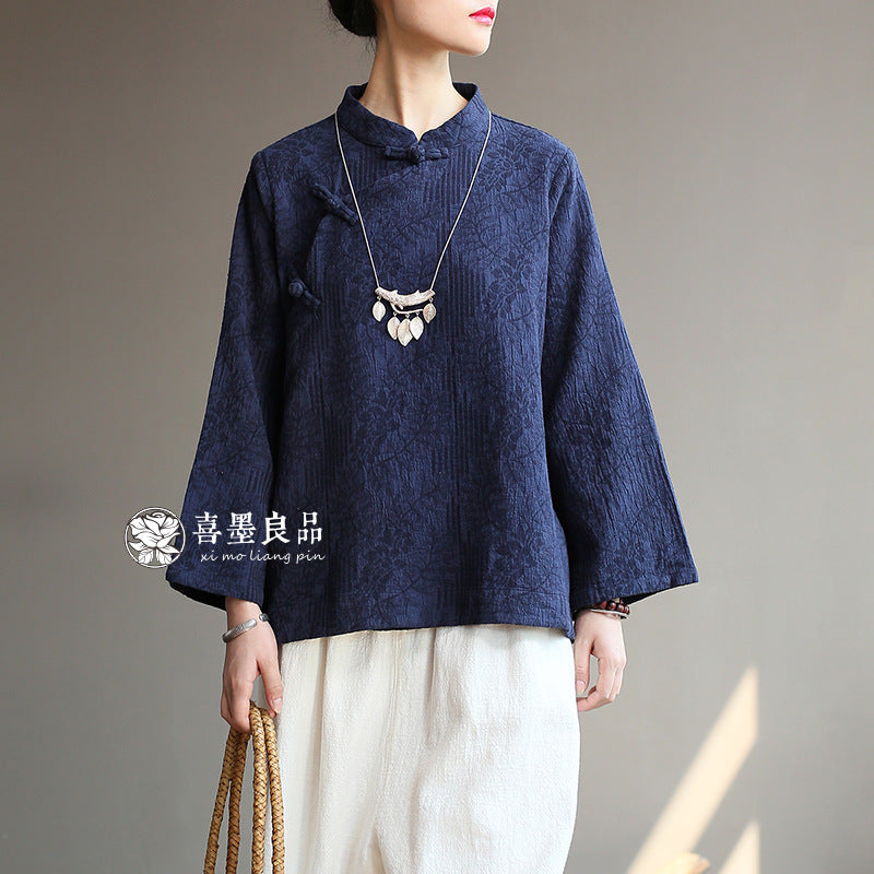 8813Xi Mo Women's Clothing Republic of China Retro Artistic Spring and Autumn New Double Layer Jacquard Button Shirt Chinese Style Short Top