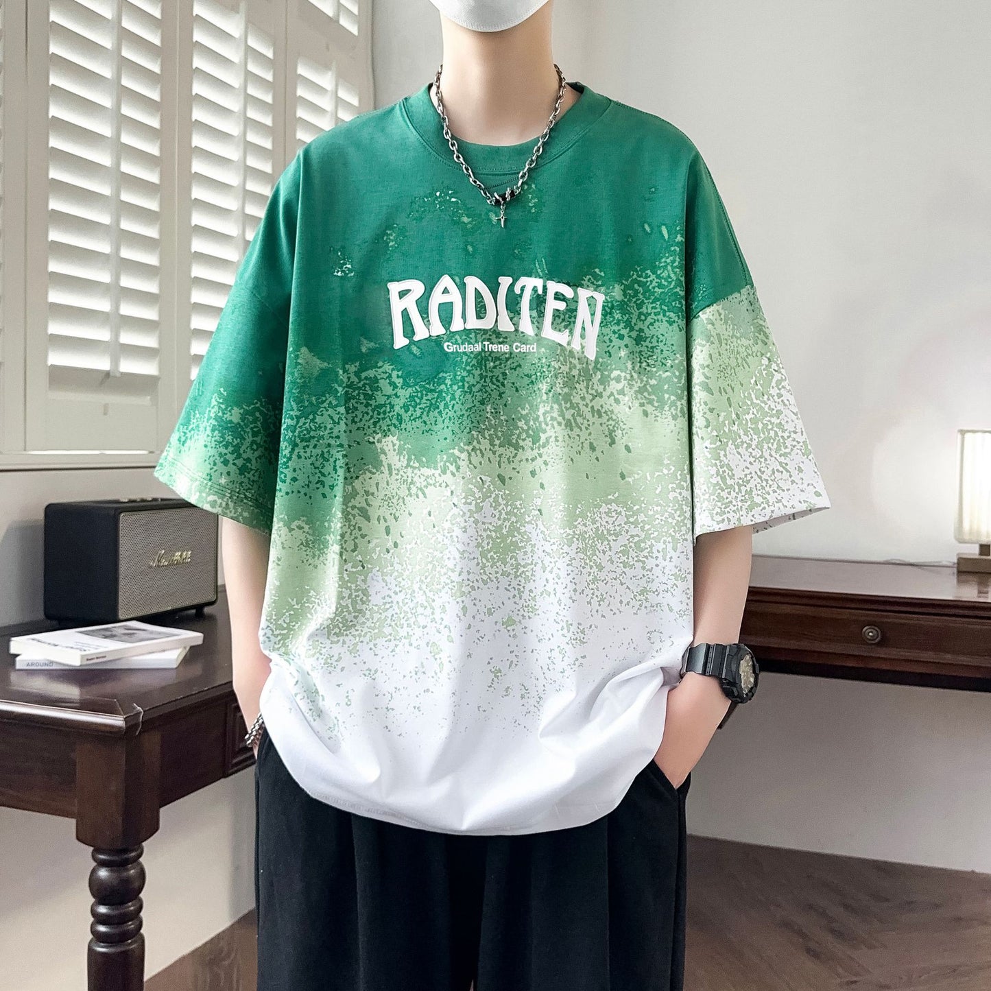 2025Summer New Men's Youth Casual Stylish Trendy Loose Short Sleeve T Shirt Gradient Color for Middle and High School Students