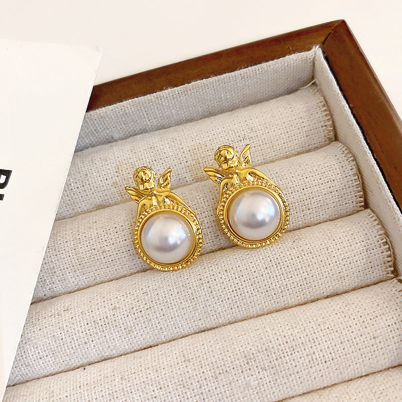Medieval vintage Silver Needle Stud Earrings Elegant Light Luxury Palace Style Pearl Earrings Versatile High-end Vintage Earrings