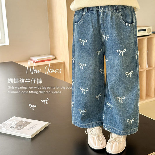 Girls' Pants Bowknot Print Jeans Wide Leg Straight2025Autumn New Fashionable and Stylish for Girls and Young Children