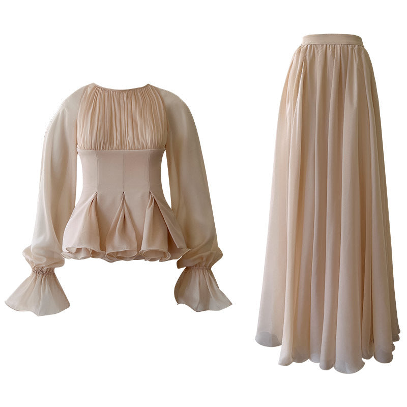 Yige Lila2025Early Autumn New Apricot Waist-Cinching Long Sleeve Coat Paired with Long Skirt 71443+51361