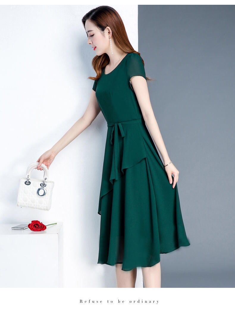 Summer New Fashionable Slimming Age-Reducing Skirt Elegant Mid-Length Style a Round Neck Plus Size Loose Women's Dress