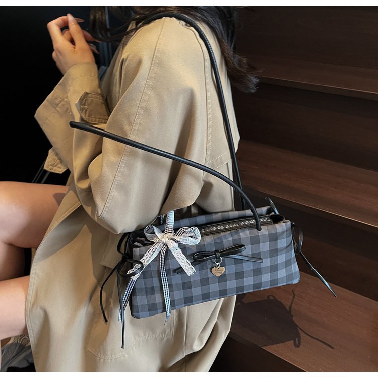 Dopamine Plaid Handbag Small Tote Bag for Women Summer2025New Ballet Style Bow Baguette Bag Underarm Bag Trendy