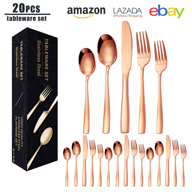 tatableware set Square Handle Stainless Steel Knife Fork Spoon Mail Order Box Color Box Set Titanium Coated Western Steak Knife Fork