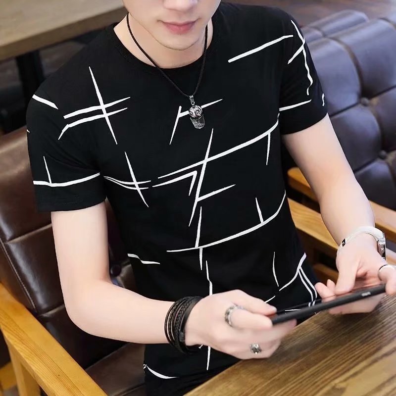 2025Cross-border Trade Summer New Style for Teenagers N Men's Short Sleeve Color Block Crew Neck Trendy Half Sleeve t Shirt Top