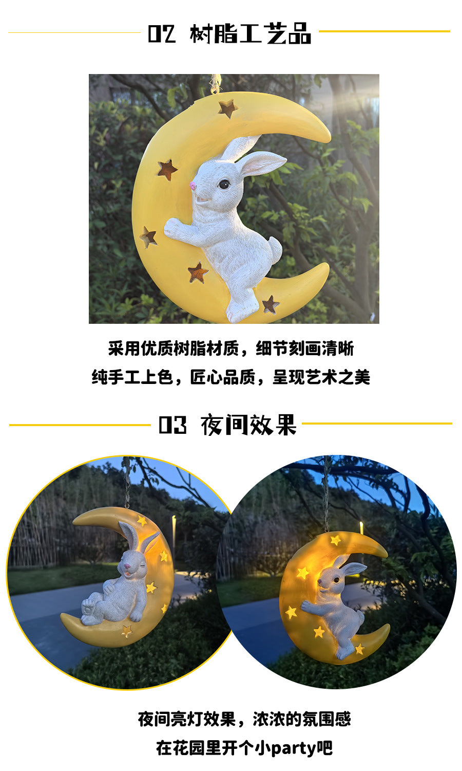Cute Rabbit Moon Solar Pendant Outdoor Garden Courtyard Tree Hanging Balcony Pipe Kindergarten Decoration Ornament