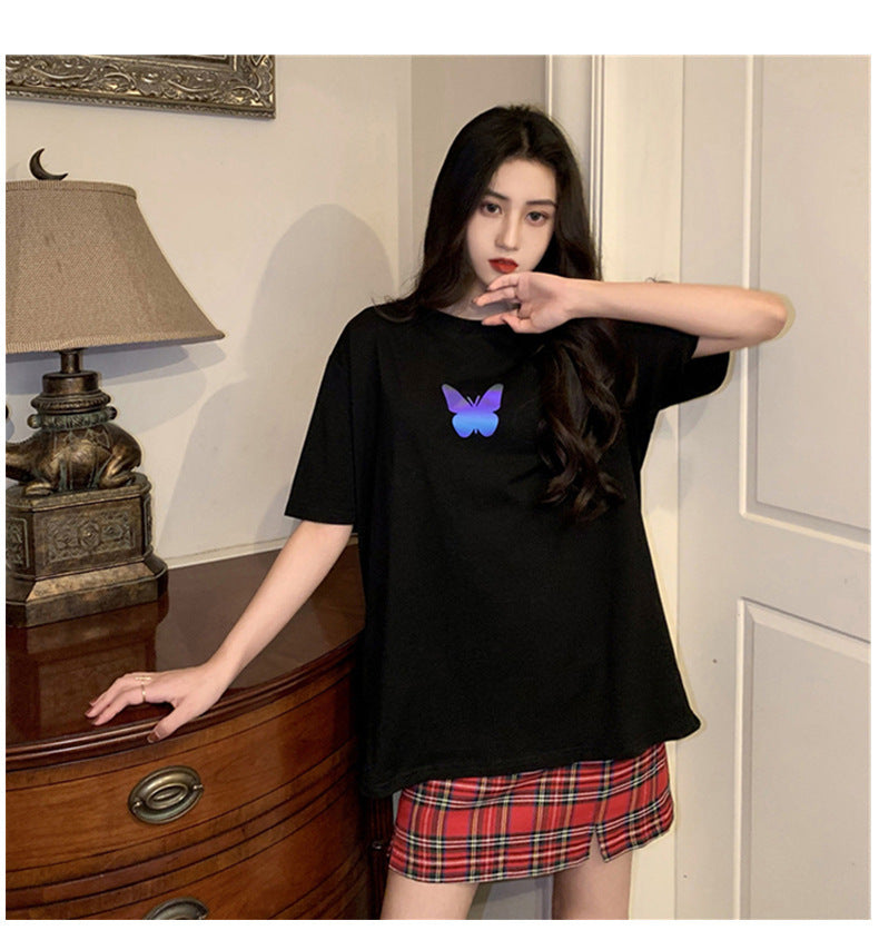 Summer2025New Year's Trendy Internet Celebrity Couple Outfit Reflective Butterfly Short Sleeve t Women's Summer T-shirt ins Super Popular Short Top
