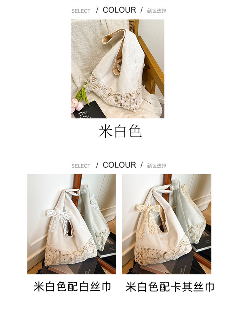 Design Summer Vacation Style Large Capacity Beach Bag Niche Lace Canvas Underarm Bag Women's Floral Single Shoulder Tote Bag