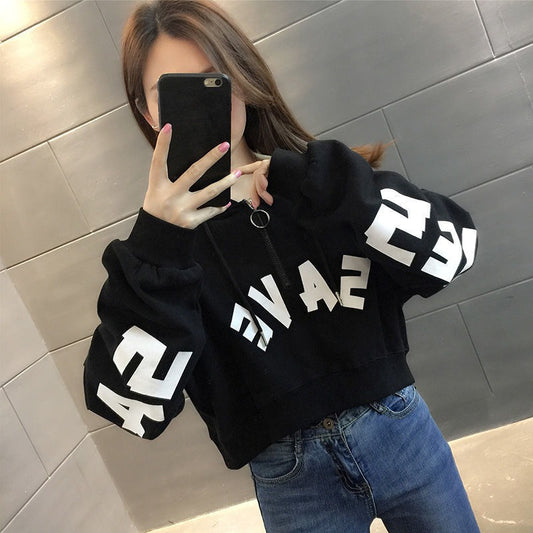 Half Zipper Hooded Short Petites Sweatshirt Women2025New Early Autumn Thin High-Waisted Stylish Streetwear Jacket Trend