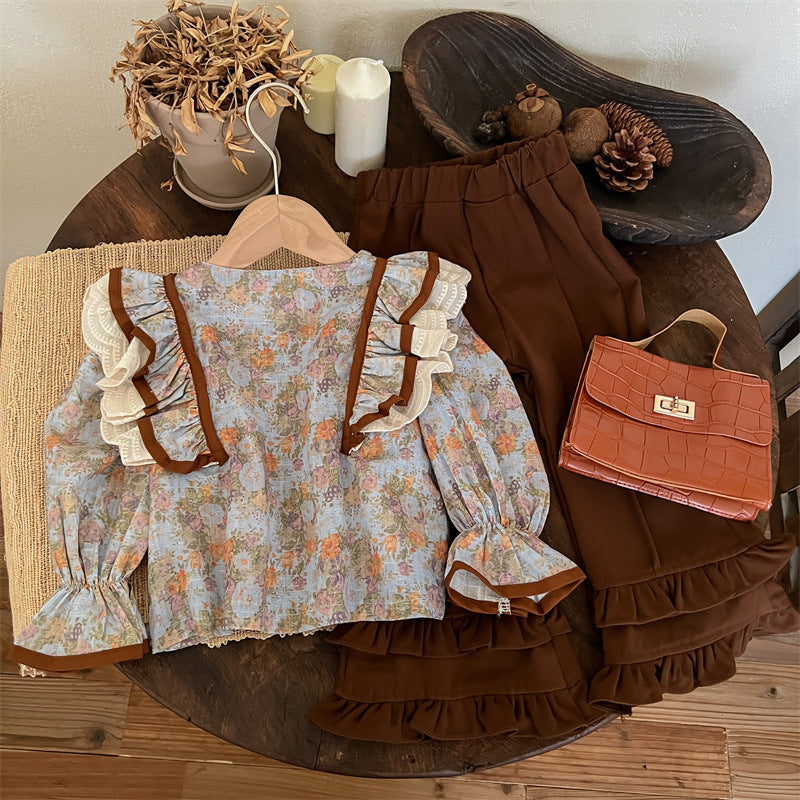 Sweet Little Girl Autumn Outfit Set New Fashionable Retro Autumn Children's Flared Pants Autumn Style Internet Celebrity Children's Clothing