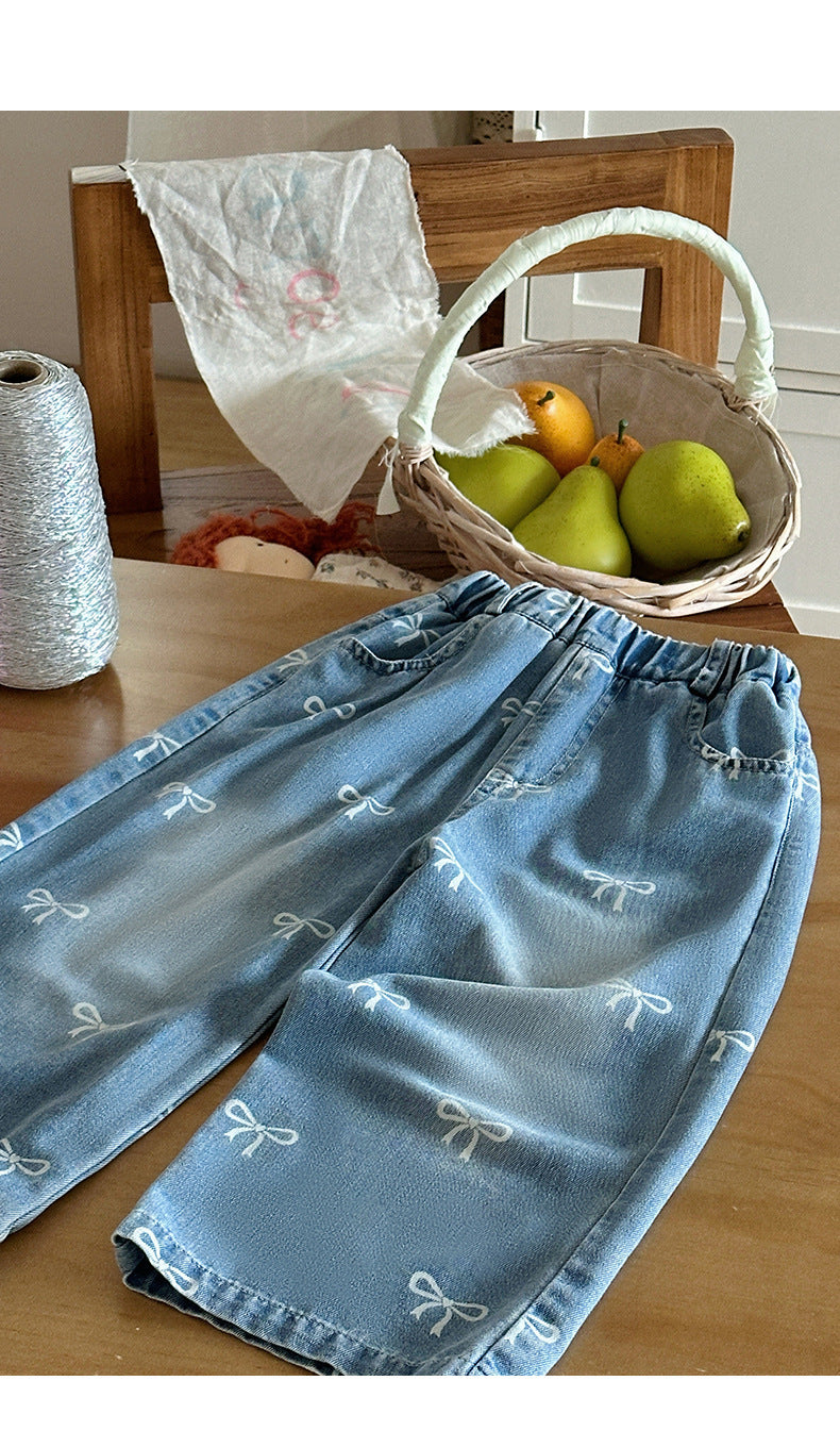 Girls' Pants Bowknot Print Jeans Wide Leg Straight2025Autumn New Fashionable and Stylish for Girls and Young Children