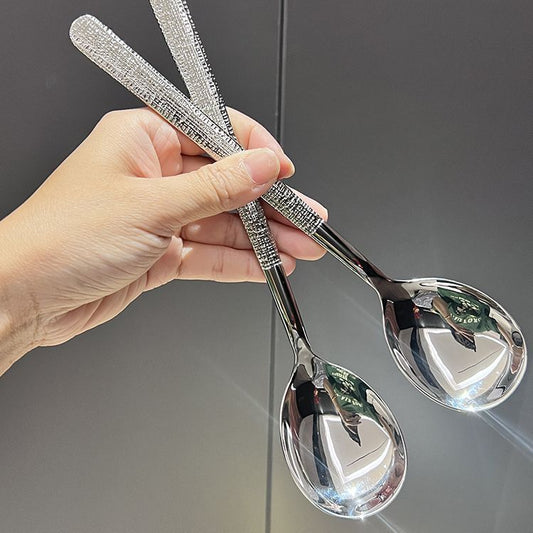 Korean Style Ice Pattern Spoon Soup Spoon Stainless Steel Hammered Long Handle Spoon Dining Western Soup Spoon Student Spoon Adult Rice Spoon