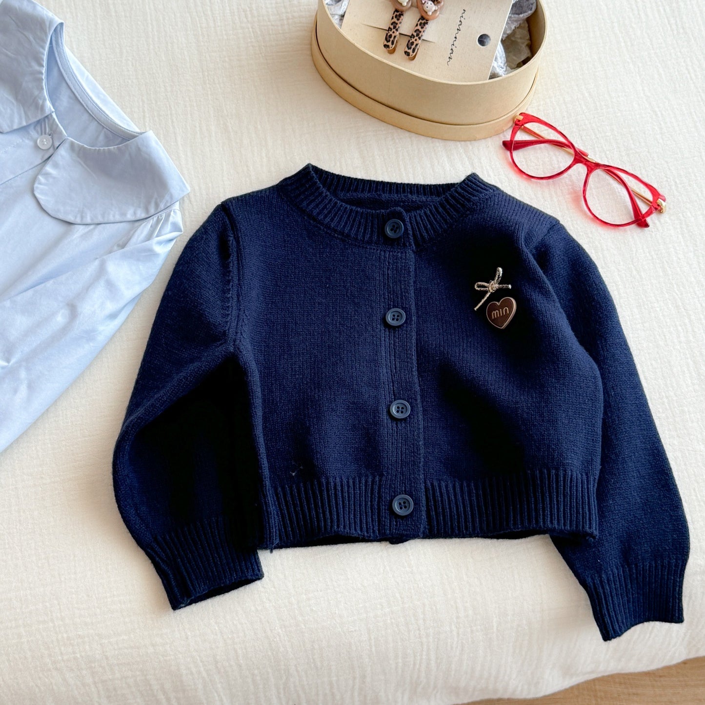 Sweet Little Girl Autumn Outfit Set New Autumn Navy Knitted Sweater Baby Shirt Skirt Fashion Two-Piece Set