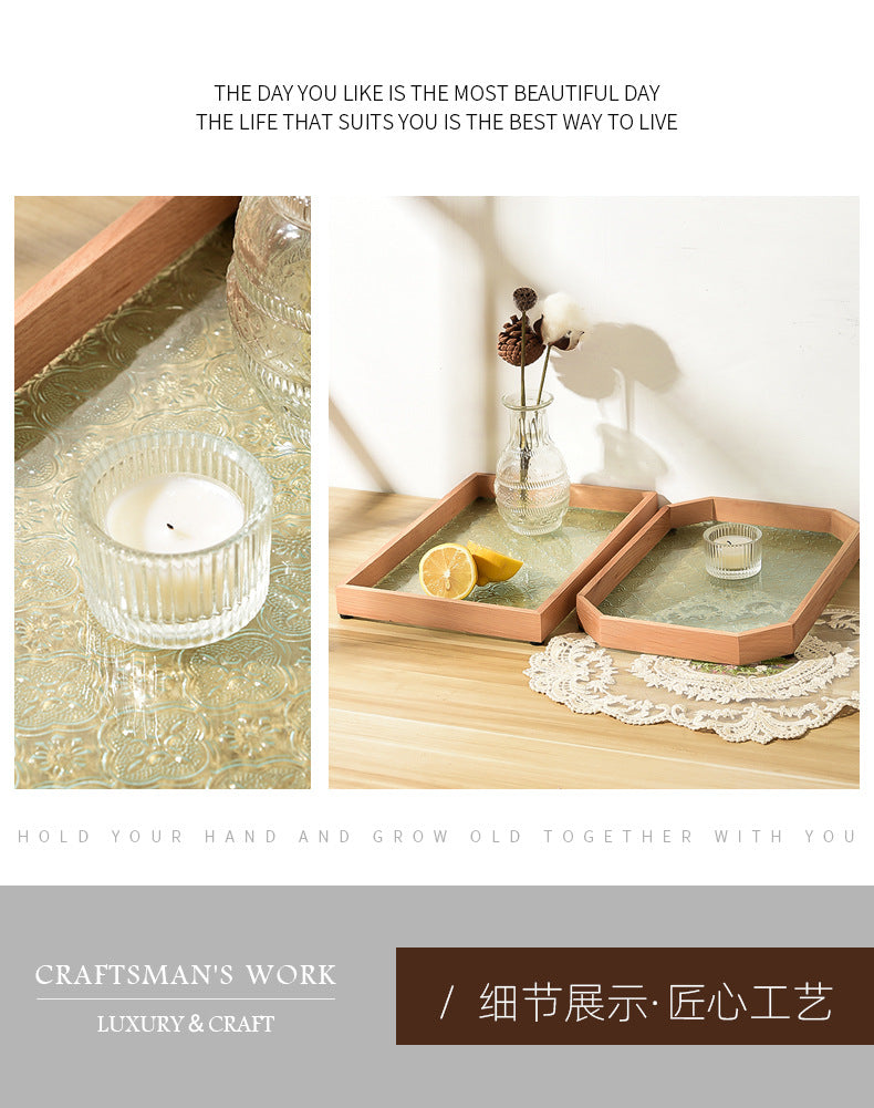 Begonia Embossed Glass Tray Walnut Color Rectangular Tea Tray Storage Ornaments Tea Water Cup Fruit Snack Plate