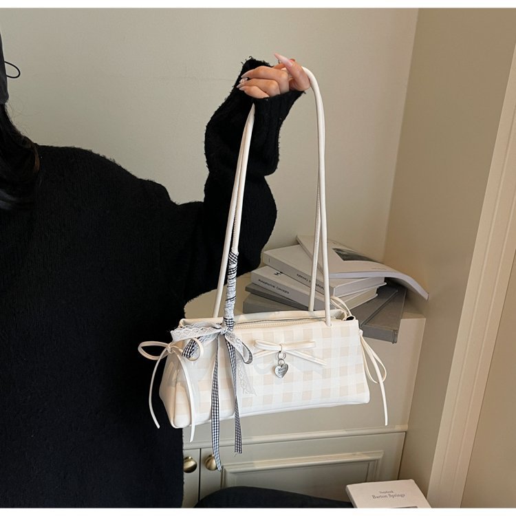 Dopamine Plaid Handbag Small Tote Bag for Women Summer2025New Ballet Style Bow Baguette Bag Underarm Bag Trendy