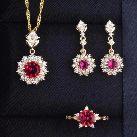 Jewelry Set Non-Fading Exquisite Collarbone Chain Ring Pendant Earrings Plated18K Gold Sparkling Diamond Amethyst Necklace for Women