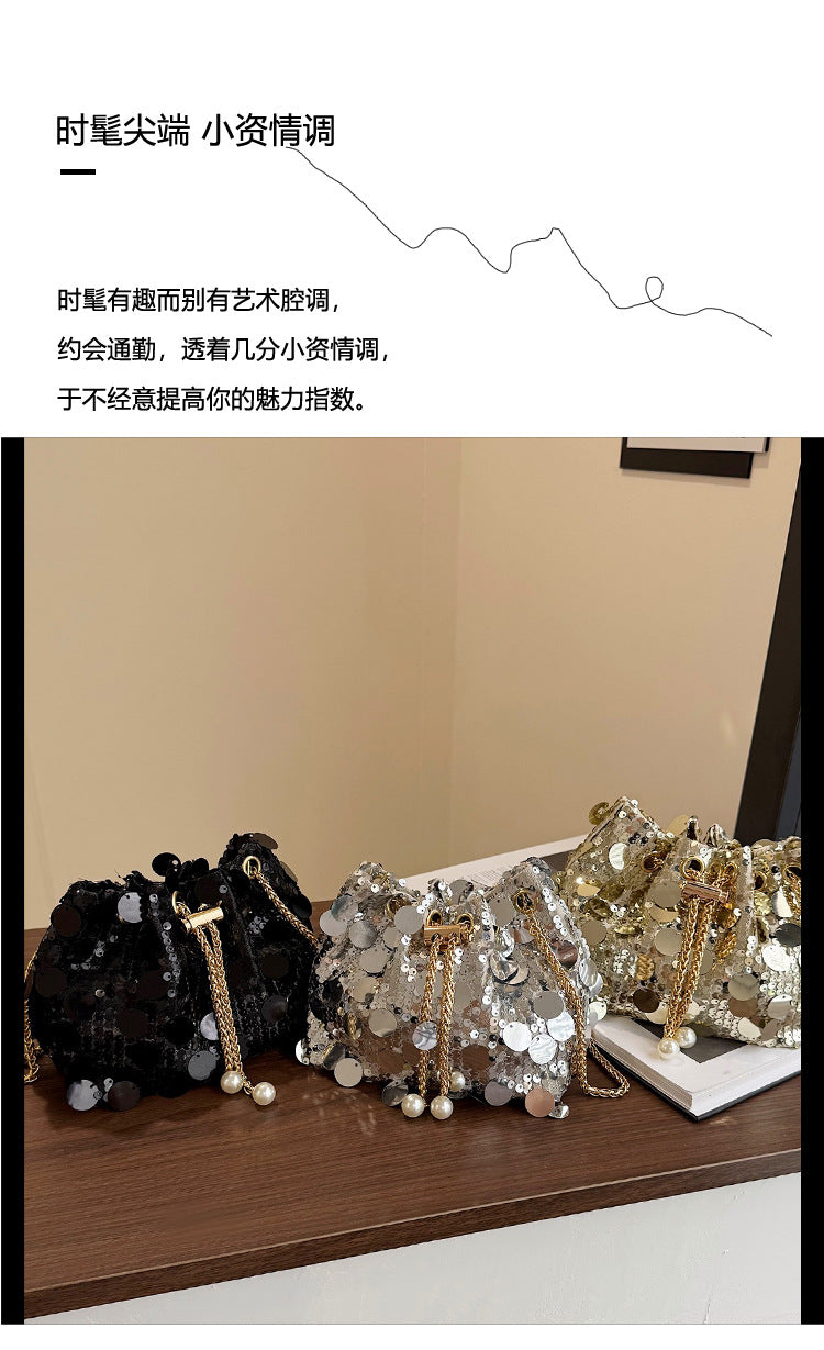 Trendy and High-End Sequin Bucket Bag2025Summer New Fashion Versatile Stylish French Chain Single Shoulder Crossbody