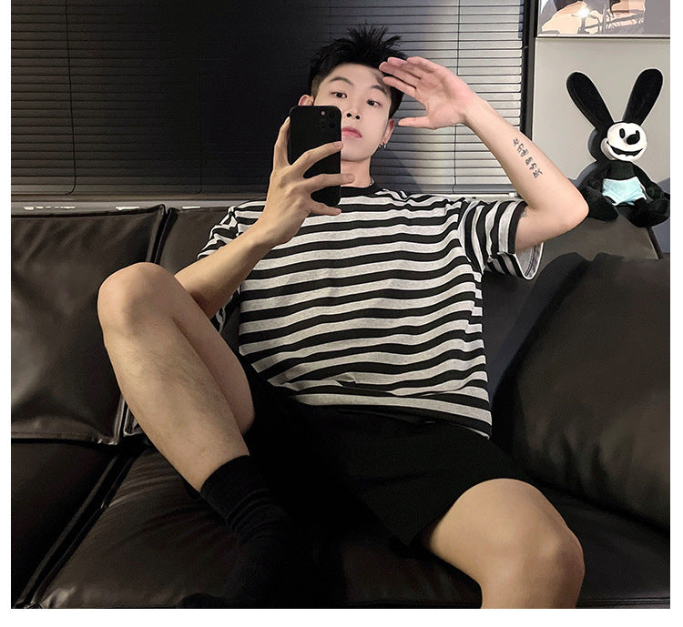 Couple Summer New Pajamas Women's Short Sleeve Imitation Cotton Nightdress Korean Style Wearable Men's Homewear Striped Set