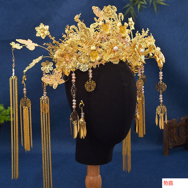 Bridal Hair Accessories Set Tiara Versatile Qing Dynasty Style Xiuhe Costume Crown Veil Hair Accessories Makeup Gold