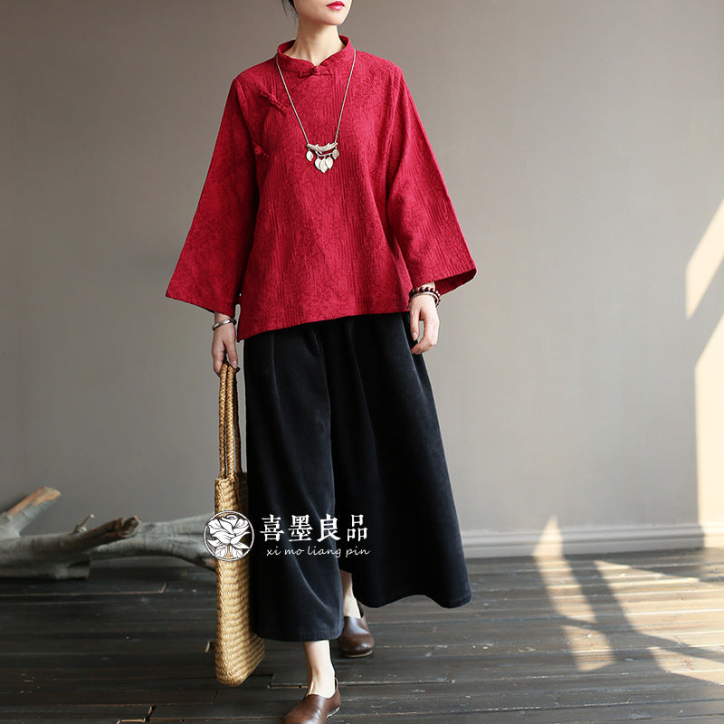 8813Xi Mo Women's Clothing Republic of China Retro Artistic Spring and Autumn New Double Layer Jacquard Button Shirt Chinese Style Short Top