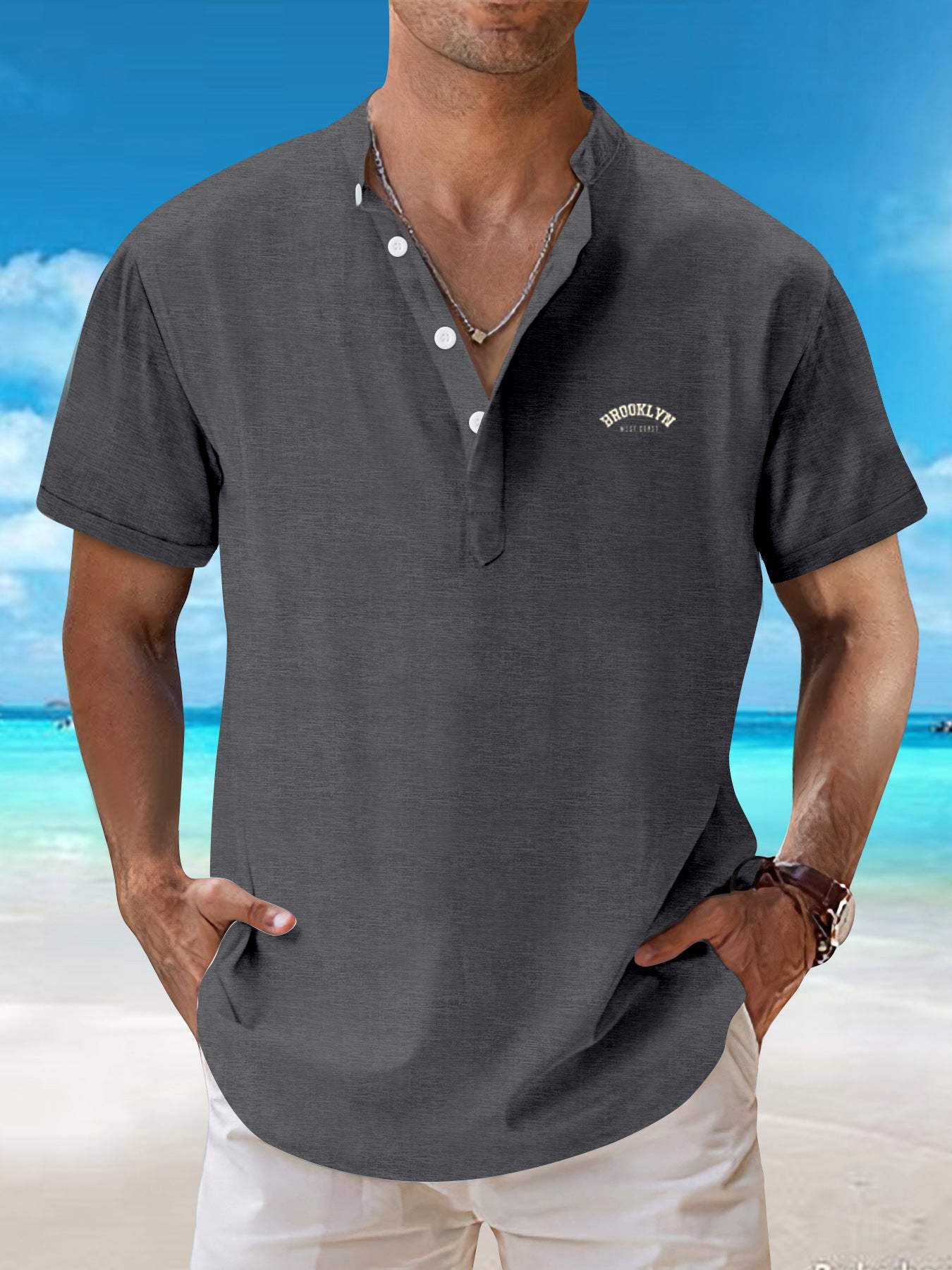 2025New retro loose textured woven shirt for men2025Summer New Stand Collar T Breathable Short Sleeve T-Shirt