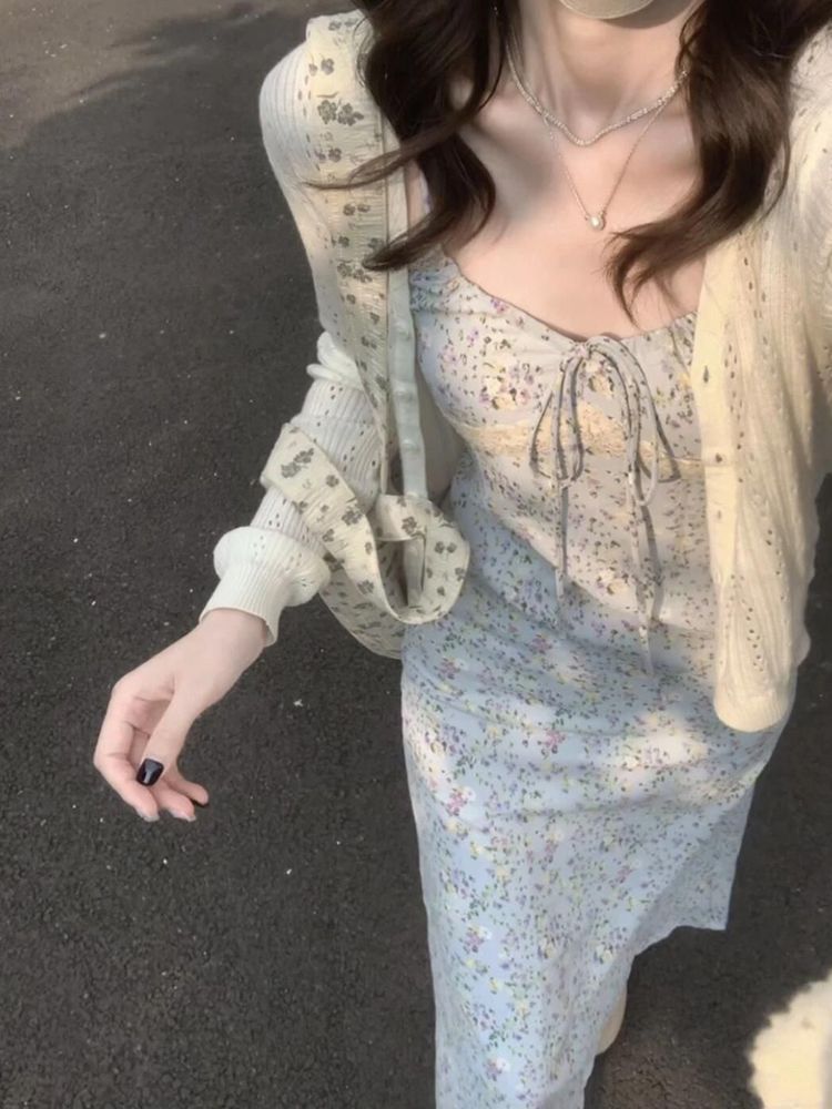 Petite Dress Sun Protection Cardigan Lace Two-Piece Set Tea Break Style Sweet Floral New Strap Outfit Set