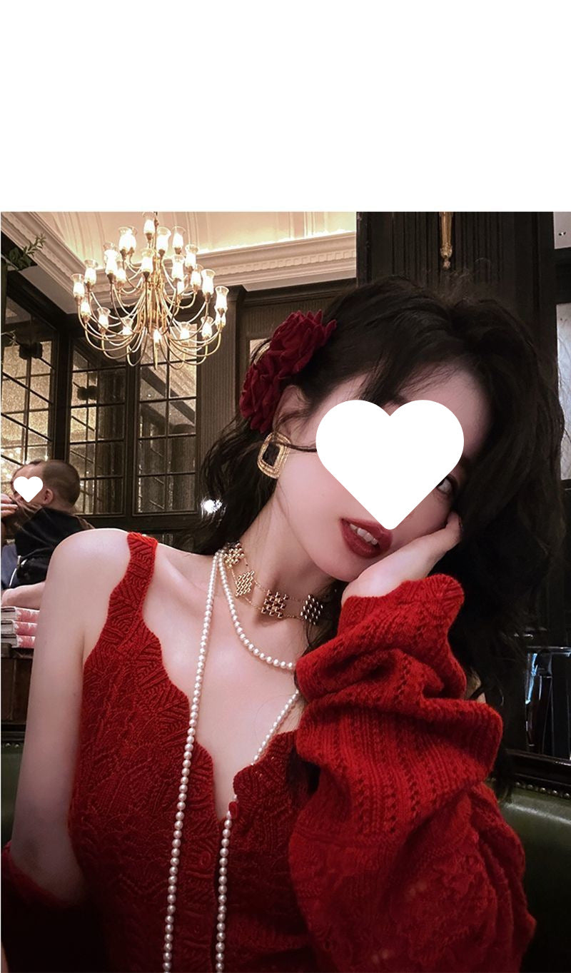 French Style Three-Dimensional Slight Flare V Women's Fashion Collar Suit2025Autumn New Camisole Jacquard Cardigan Two-Piece Set