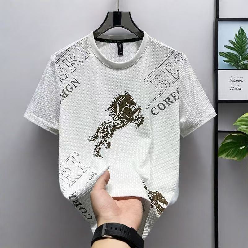 Foreign Trade Ice Silk Short Sleeve t Men's Summer Trendy Brand Short Sleeve T-Shirt2025New casual quick-dry men's top
