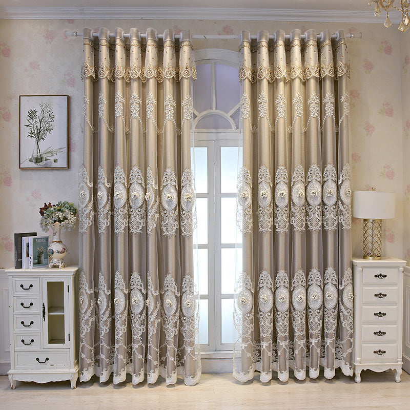 European Style High-End Simple Modern Fabric Sheer Integrated Blackout Double Layer Embossed Embroidered Curtains for Living Room Bedroom Balcony