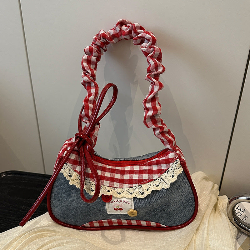 Super Popular Crossbody Bag for Women2025New Plaid Fabric Bag Wrinkled Color-Block Shoulder Bag Popular Commuter Small Square Bag