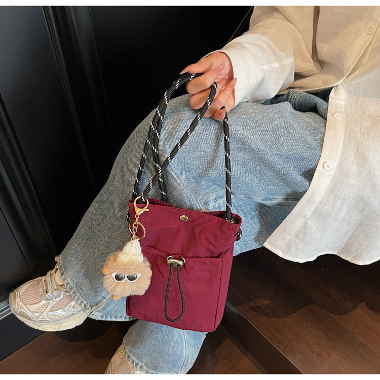 Internet celebrity ins Single Shoulder Crossbody Drawstring Small Bag2025Niche Fashion Lightweight mini Women's Nylon Phone Bag