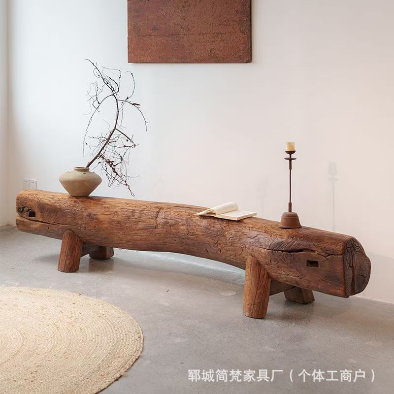 Old Elm Wood Long Bench Solid Wood Weathered Round Wood Stump Stool Old Elm Wood Long Chair Scenic Area Rest Shoe Changing Bench