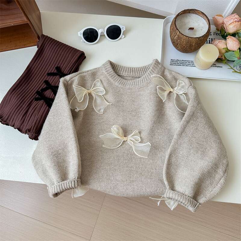 Sweet Little Sister Korean Children's Sweater Spring and Autumn New Fashionable Girls' Korean Style Fashionable Children's Bow Knitted Sweater