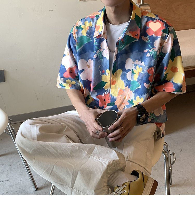 Summer Short Sleeve Floral Shirt for Men and Women Hawaiian Retro Hong Kong Style Loose Ice Silk Shirt Couple Outfit